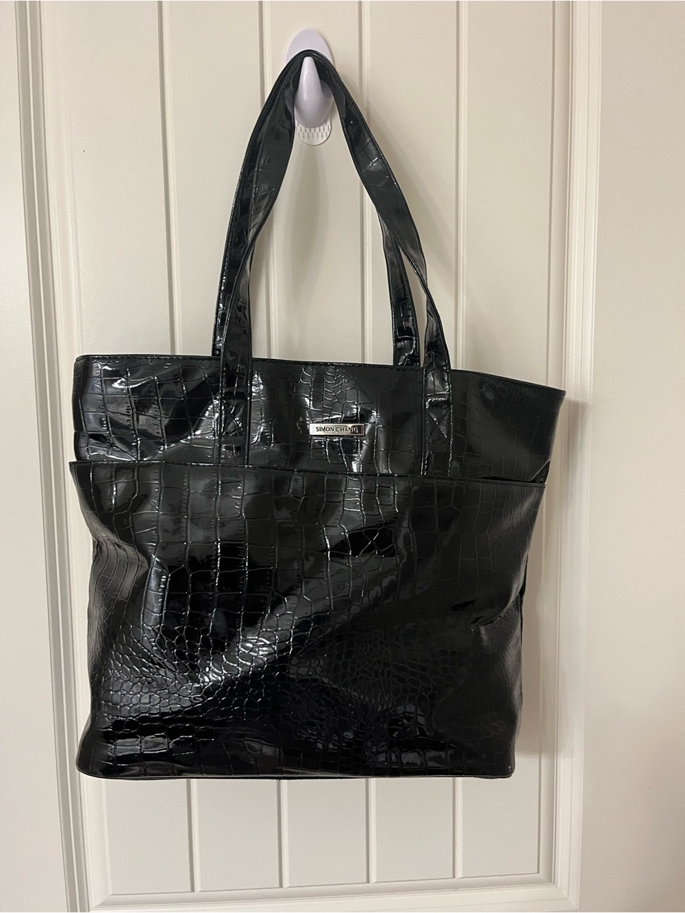 Simon Chang Shiny Black Croc-Embossed Tote has arm strap